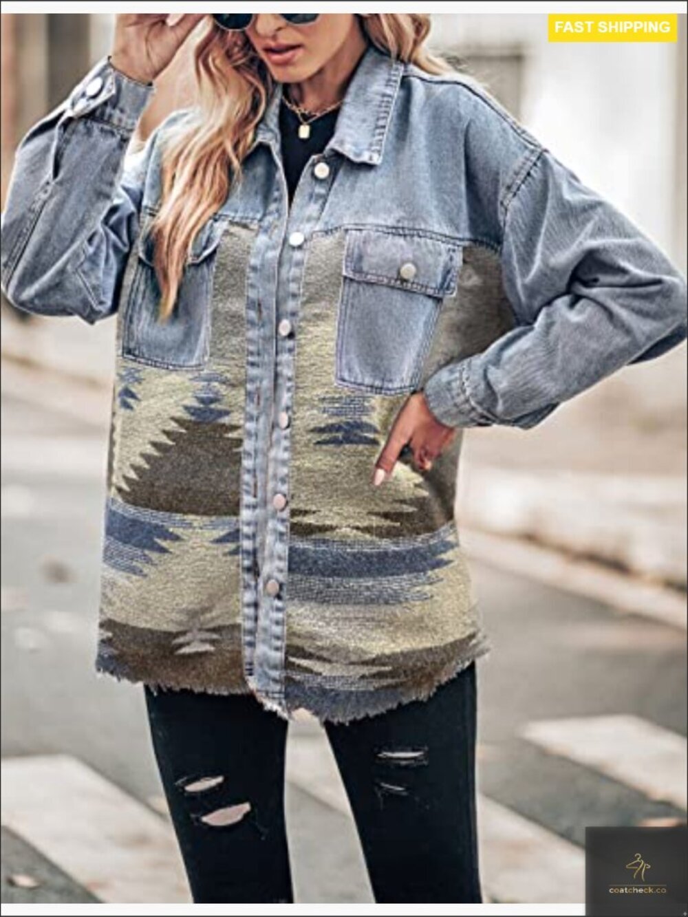 Vintage Distressed Aztec Denim Jacket Button Down Shacket Oversized Long Sleeve - Picture 2 of 7